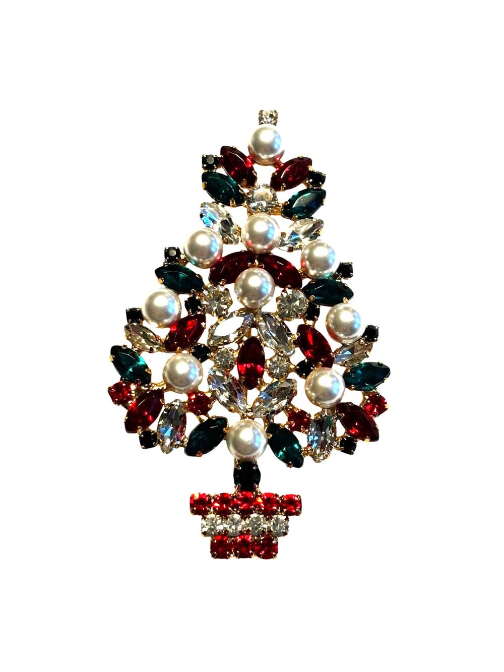 Christmas tree brooch ornate gold festive red & green rhinestones & pearl beads